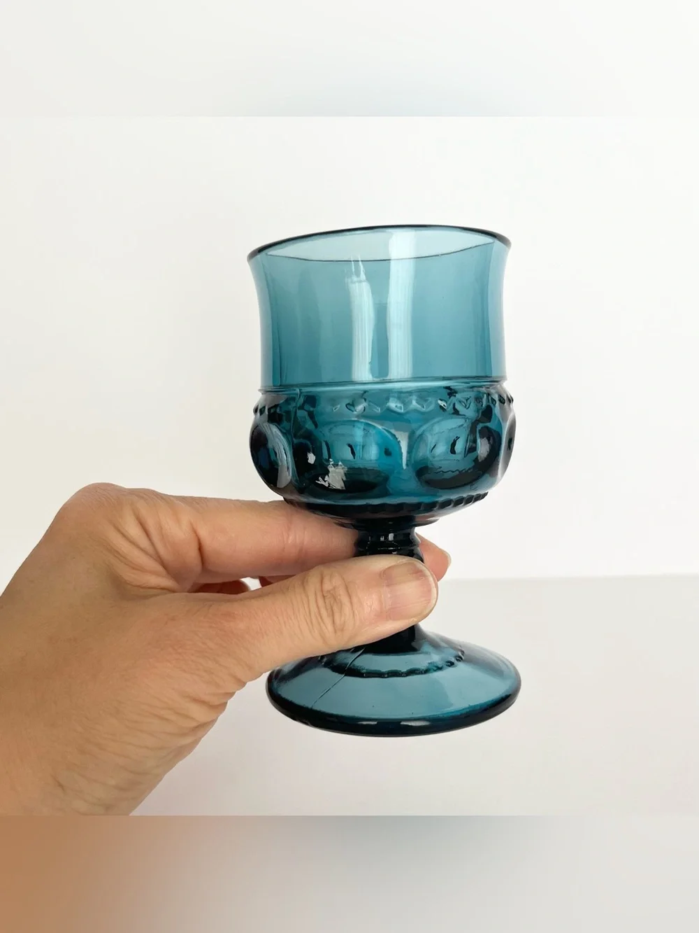 Vintage Indiana Glass Kings Crown Thumbprint Cordial Wine Goblet Teal Blue 4 Pc